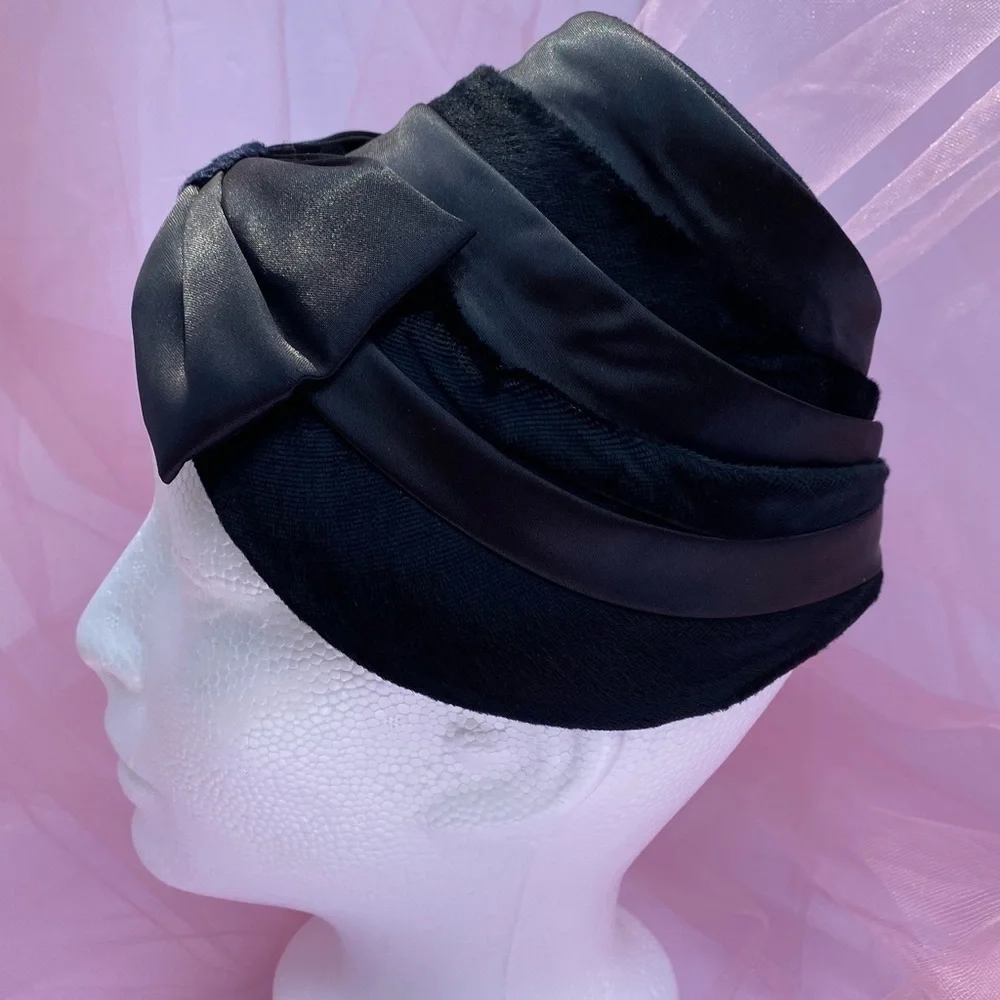 Vintage Turban Black Satin Fascinator Hat - Picture 2 of 9